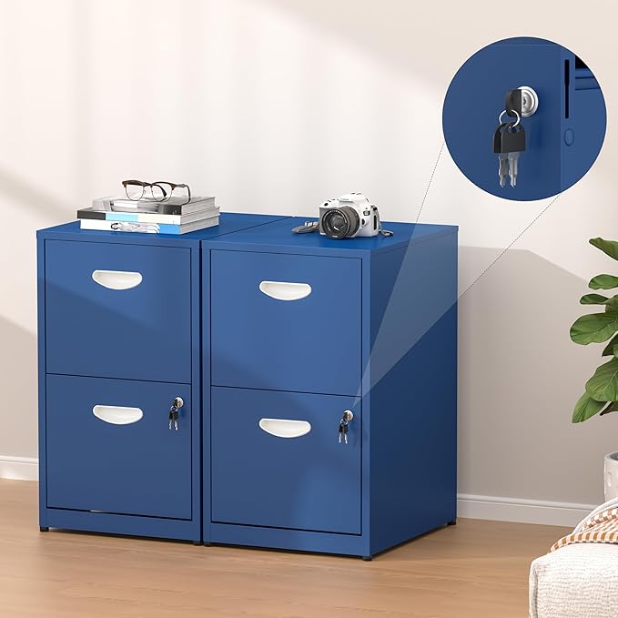 2 Drawer File Cabinet with Lock,Blue Small Filing Cabinet for Home Office,Metal Vertical File Under Desk Cabinets for A4/Letter,Assembly Required