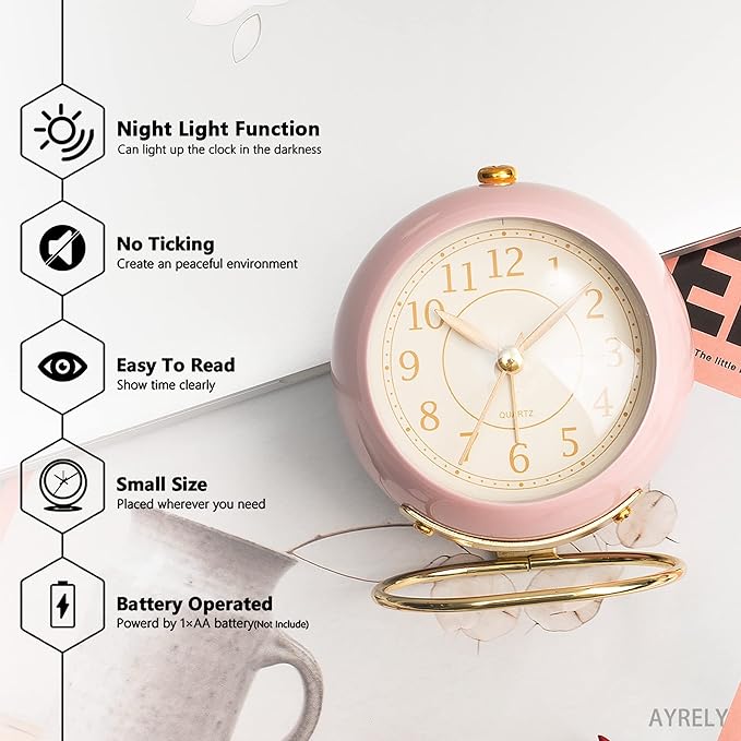 AYRELY® Battery Operated Desk Alarm Clock with Light,Silent No Ticking,Small Table Clock for Bedside/Bedroom/Living Room/Office/Travel/Kids/Room Decor Aesthetic Vintage(Pink)