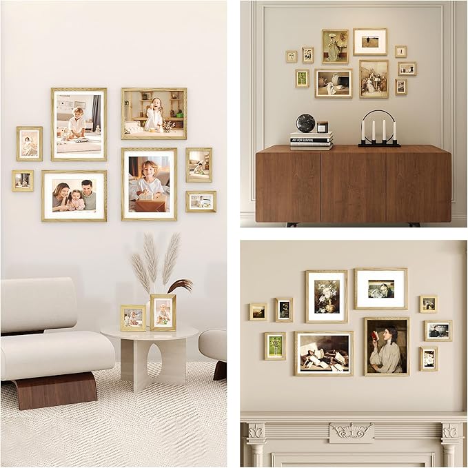 Egofine Picture Frame Set - 10 Assorted Sizes, Collage Wall Decor with 12x16, 11x14, 5x7, 4x6, 4x4 Frames for Wall & Tabletop, Solid Wood, Plexiglass Cover, Carbonized Brown