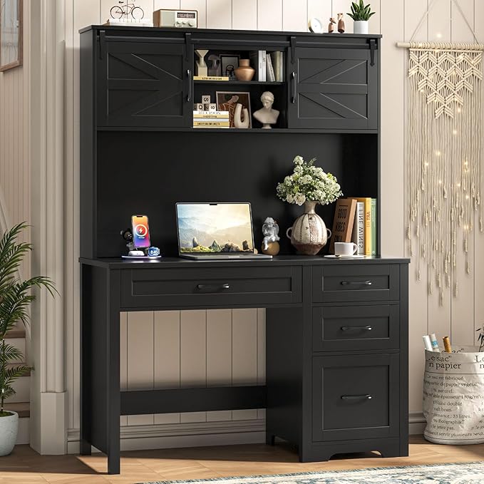 Vabches Farmhouse 67" H Executive Desk with Hutch,Office Table with LED Light and 6 Drawers,Computer Desk with Charging Station,File Drawers and Storage Cabinet,Workstation for Home Office.Black