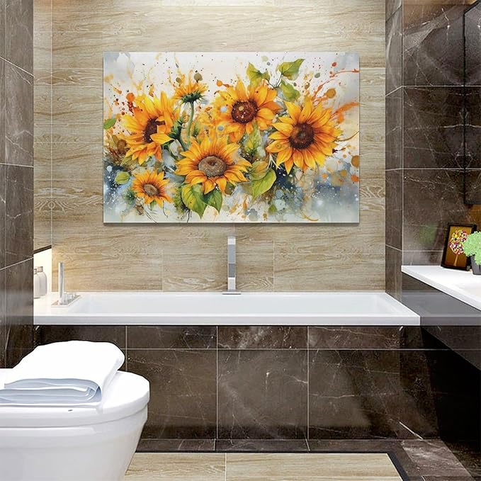 yerretin Sunflower Wall Art Watercolor Pictures Wall Decor Rustic Sunflower Canvas Farmhouse Print Artwork Home Decorations for Living Room Bedroom Bathroom Office Framed 24"x16"