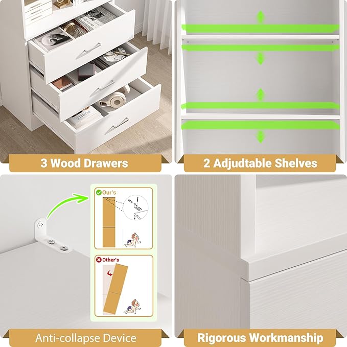 Aheaplus 71 Inches Bookshelf with Drawers, Wooden Bookcase with Open Shelves, 6-Tier Tall Storage Cabinet Book Shelf Storage Organizer for Living Room, Home Office, White (No Charge Station)