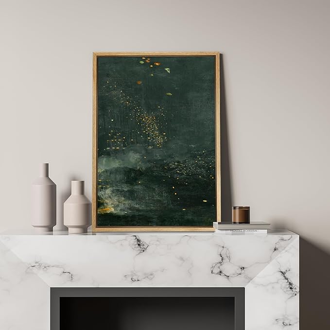 SIGNFORD Framed Canvas Print Wall Art Starry Night Flora Abstract Plant with Gold Accents Dark Green Botanical Illustrations Decorative Zen for Living Room, Bedroom, Office - 16"x24" Natural