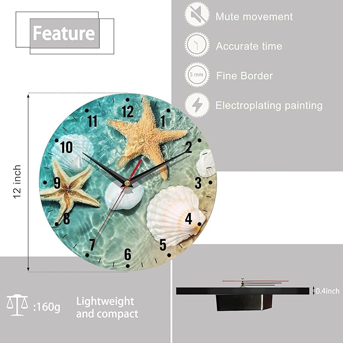 SPUNKER Wall Clock,Beach Seashell Starfish Kitchen Wall Clock,Coastal Clocks 10 Inch Silent Non-Ticking Wall Battery Operated for Living Room Bedroom Bathroom Laundry Room Decor