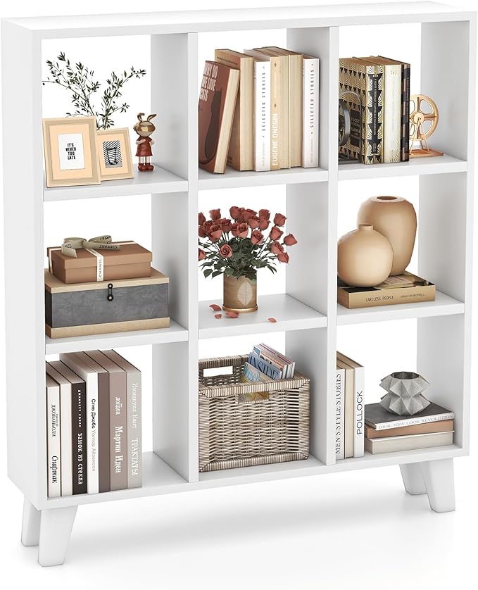 Tangkula 9-Cube Bookcase, Freestanding 3-Tier Bookshelf with 6 Removable Shelves, Open Back DIY Storage Organizer with Raised Support Feet for Living Room Study Office (1, White)
