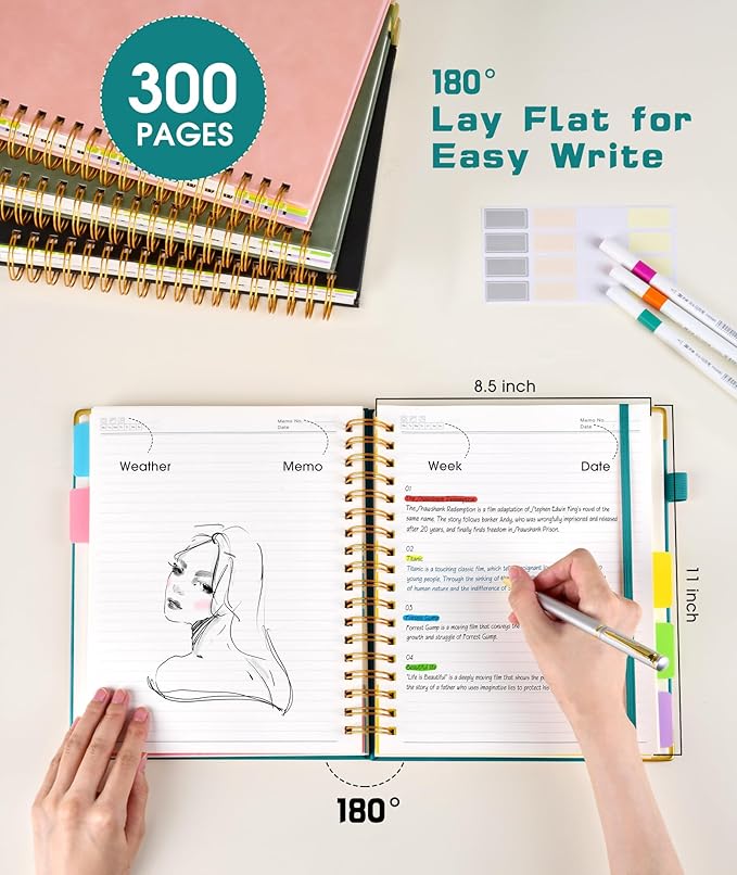 HHardcover Spiral Notebook 8.5"x11" Journal with Removable Dividers Tabs, 300 Pages Leather 5 Subject Notebook College Ruled, Large A4 Notebooks for Work School, Lined Journal for Women, A4 Blue