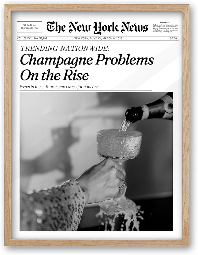 iHery Champagne Problems On the Rise Newspaper Headline Framed Wall Art, Natural OAK Wood Trendy Large 16x20 in Canvas Wall Art Décor For Bedroom Living Room Bathroom Set of 1