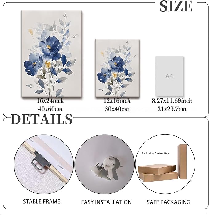 KISSFOX Framed Colorful Wildflower Blue Canvas Wall Art Set Of 3 Flowers Pictures Prints Flowers Printing Floral Watercolors Flower wall Decor Living Room Girls Bedroom Bathroom