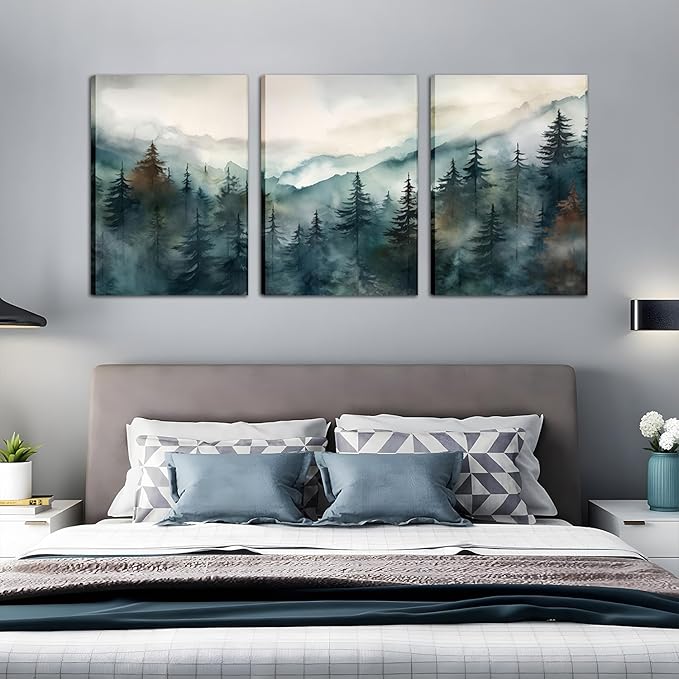 AKWISH Framed Green Forest Canvas Wall Art Set of 3, Boho Misty Watercolor Pine Tree Wall Decor Art, Nature Scenery Foggy Mountain Posters Prints for Living Room, Bedroom, Office 16x24 In