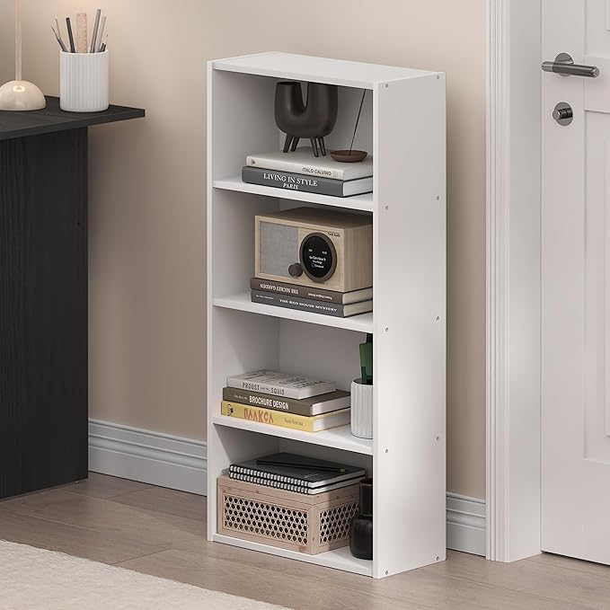 Furinno Basic Book Shelf, 4-Tier Bookcase with Open Shelf, Bookshelf, Cube Storage Organizer, 7 x 17 x 35, for Living Room, Bedroom, Home Office, White