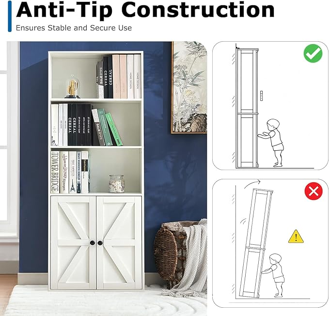 Bookshelves and Bookcases with Barn Doors, Farmhouse Bookshelf with Display Shelves, Floor Standing 5-Tier Book Shelf with Storage Cabinet for Home Office, Living Room, Bedroom, White