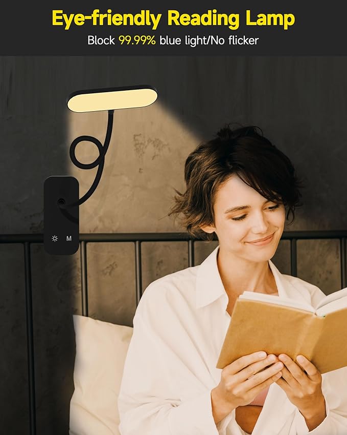 CUHIOY Desk Lamp Clip on Reading Light, USB-C Battery-Operated Rechargeable Table Lamps with Clamp for Dorm Home Office, 38LEDs Bed Headboard Light, 5 Colors 5 Brightness, Flexible Gooseneck (Black)