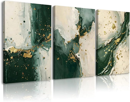 3pcs Emerald Green Wall Decor Living Room,Modern Green and Gold Marble Abstract Canvas Wall Art Painting Prints,Minimalist Framed Wall Art for Bedroom Office Home Decoration,Ready To Hang,12x16in