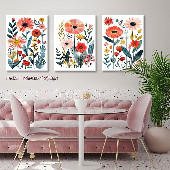 KISSFOX Framed Colorful Wildflower Canvas Wall Art Set Of 3 Flowers Pictures Prints Flowers Printing Floral Watercolors Flower wall Decor Living Room Girls Bedroom Bathroom