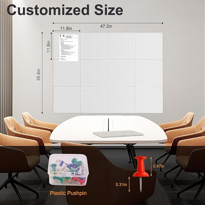 Large Bulletin Cork Boards for Walls 36" x 48", White Bulletin Board for Office, 12 Pack Cork Felt Boards Tiles for Classroom Decor, Pin Board with Pushpins, Office Essentials