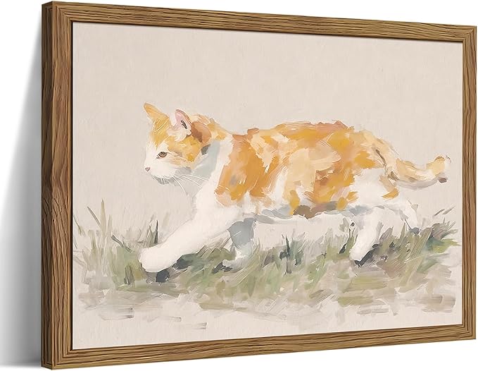 Framed Cat Wall Art, Vintage Orange Cat Canvas Wall Decor Picture, Minimalist Cute Animal Artwork Prints Oil Painting, for Living Room Bedroom Nursery Farmhouse Decor 12x16 Inch