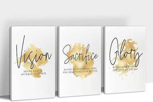 SHMAO Gold Office Canvas Wall Art Motivational Wall Decor, 3 Piece Vision Sacrifice Glory Print Pictures for Office Wall Decor Women Inspirational Framed Artwork Home Office Decor 24”x36”x3 Panels