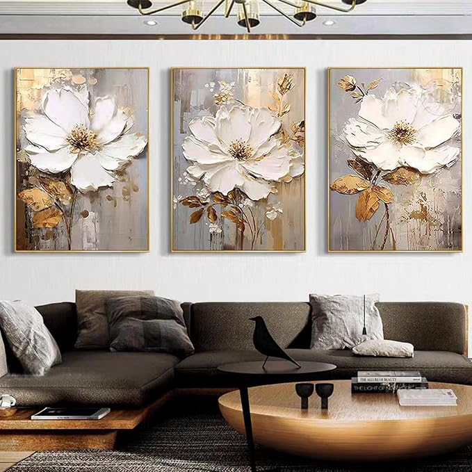 3 Piece Framed Canvas Wall Art for Living Room, Textured White Floral Abstract Oil Painting with Gold Frame, Modern Luxury Flower Wall Decor with Gold Gray Background for Bedroom Office 28x60 inches