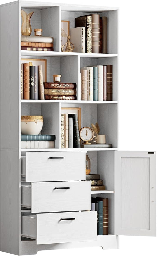IRONCK Book Shelf with Doors and 3 Drawers 6-Tier Tall Bookcase 70.9 Inch with Storage Modern Bookshelf with 6 Open Cubes for Home Office, Living Room