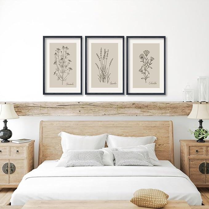 TQianJiang Set Of 3 Framed Vintage Botanical Prints Wall Art 16"×11" Wildflower Pictures Wall Decor for Bedroom Bathroom Living Room Minimalist Line Drawing Neutral Tones Wall Hanging (Black)