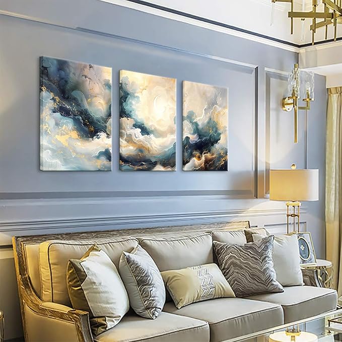 LYPHNX Framed Blue Abstract Fantasy Canvas Wall Art Minimalism Ink Painting Poster Set of 3 Modern ArtWork Navy Blue Gold Marble Prints Pictuer Wall Decor for Living room Bedroom Office Hotel 16"x24"