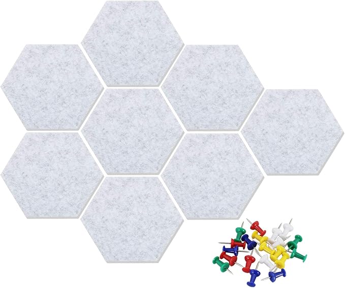 Felt Hexagon Bulletin Board with 20 Push Pins, Pack of 8 Notice Boards for Home Office Kitchen, Push Pin Board Felt Wall Tiles for Photos Memos