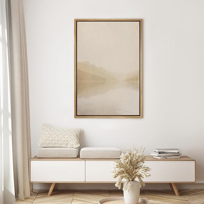 SIGNWIN Framed Canvas Print Wall Art Soft Misty Mountain Lake Neutral Landscape Illustrations Modern Decorative for Living Room, Bedroom, Office - 24"x36" NATURAL