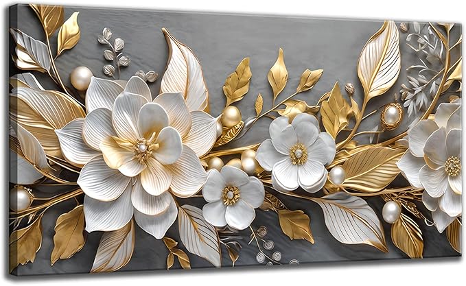 Large Living Floral Canvas Wall Art Gold White Plant Abstract Decor painting Pictures Modern Nordic Botanical Flowers Posters Prints for Bathroom Bedroom Office Hallway Home Decoration