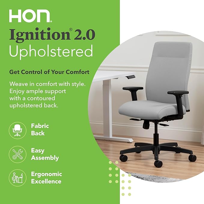 HON Ignition 2.0 Fabric Office Chair, Upholstered, Adjustable Arms, Standard Synchro-Tilt Recline Executive Ergonomic Office Chair, Black Frame, Fog