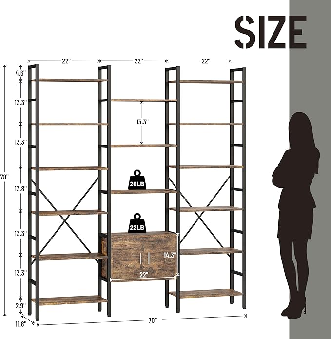70x78 “ Triple 6 Tier Book Shelf, Industrial Large Bookcase with Storage Cabinet, Tall Bookshelf with 16 Open Display Shelves Metal Frame Furniture for Living Room Bedroom Home Office Brown