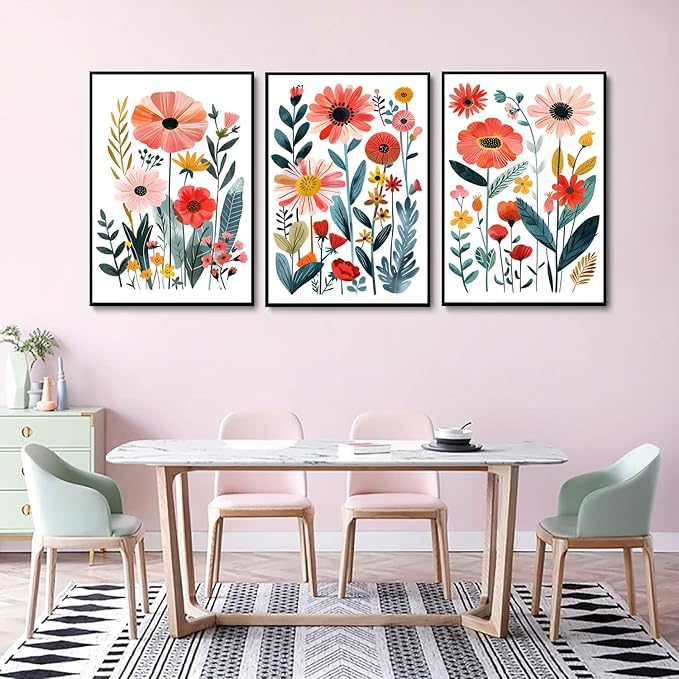 KISSFOX Framed Colorful Wildflower Canvas Wall Art Set Of 3 Flowers Pictures Prints Flowers Printing Floral Watercolors Flower wall Decor Living Room Girls Bedroom Bathroom