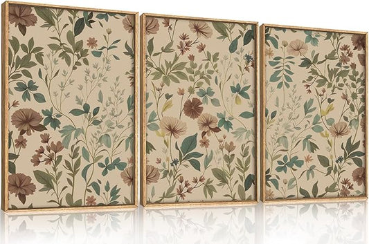 Large Retro Boho Floral Framed Canvas Wall Art Set,Vintage Neutral Wildflower Wall Decor,Abstract Mid Century Antique Flower Botanical Artwork for Living Room,Bedroom,Farmhouse- 16"x24"x3