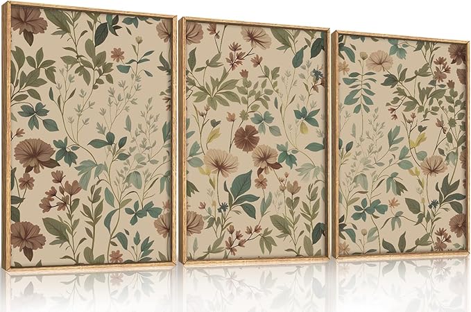 Large Retro Boho Floral Framed Canvas Wall Art Set,Vintage Neutral Wildflower Wall Decor,Abstract Mid Century Antique Flower Botanical Artwork for Living Room,Bedroom,Farmhouse- 24"x36"x3