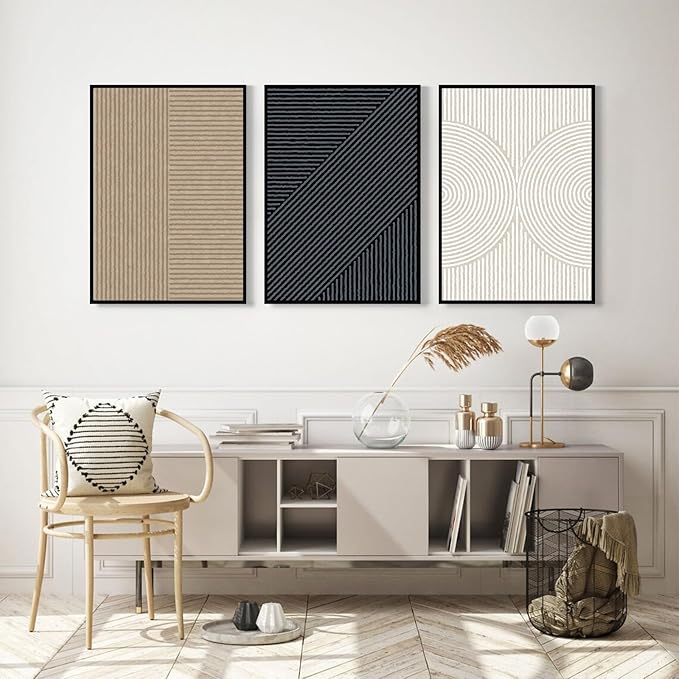 Modern Abstract Pictures Wall Art Boho Neutral Canvas Wall Art Minimalist Line Wall Decor Beige Black Brown Artwork Abstract Modern Painting Prints for Living Room Bedroom 16x24 Inch Framed Set of 3