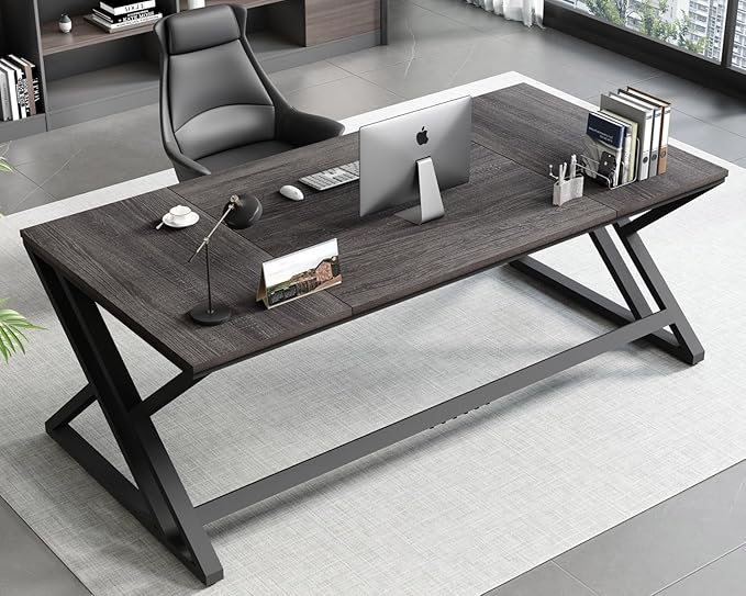 HSH Large Rustic Computer Desk, Industrial Extra Long Home Office Desk, Modern Pc Study Gaming Writing Table for Two Person, Workstation Executive Desk for Home Bedroom Living Room, Dark Gray, 70 Inch