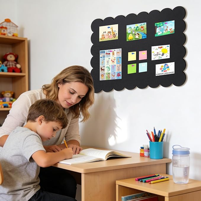 Scalloped Felt Bulletin Board, 36 x 24 Inches Foldable Pin Cork Board with 20 Pushpins - Decorative Cork Alternative for Wall, 3' x 2' Trifold Picture Self Adhesive Vision Prayer Board - Black