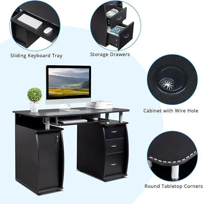 Karl home Computer Desk with Drawers & Storage Cabinet, Small Office Desk PC Laptop Workstation for Home, Studio, Office, Apartment, Black