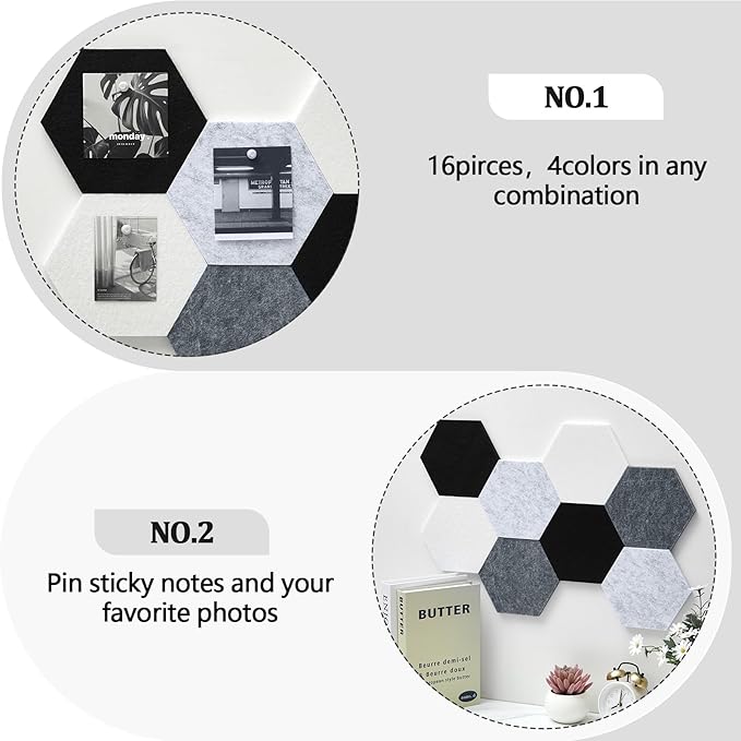 16 Pcs Hexagon Cork Board for Walls with 50 Wooden Push Pins 6.7 x 5.9 in Felt DIY Tiles Notice with Nano Tape Hanging Bulletin Board for Home Photo Office Memo Note(Grey)