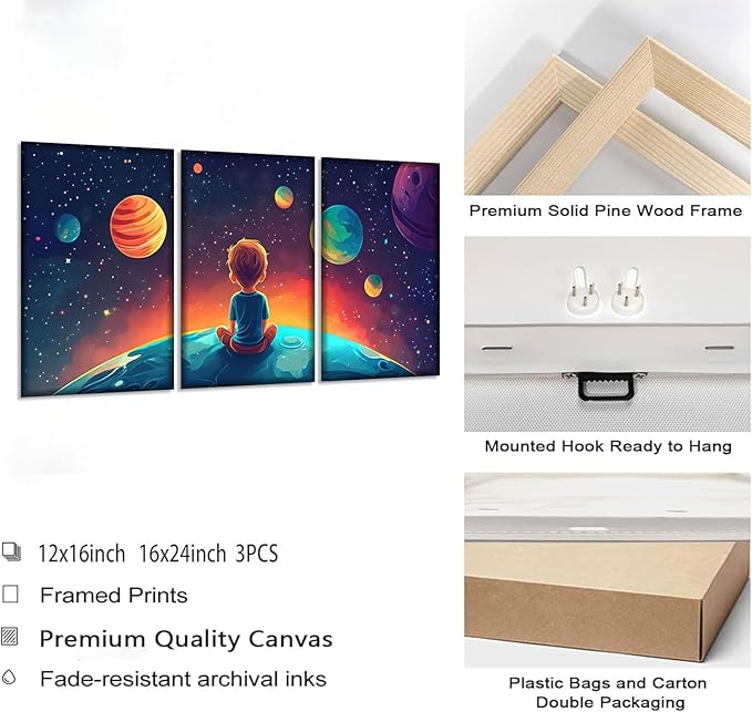 3Pcs Space Boy Canvas Wall Art Cute Inspirational Space Fantasy Wall decor pictures with Planet Pattern poster Prints Painting for Child’s Bedroom and Home Decoration Ready To Hang 16x24in canvas