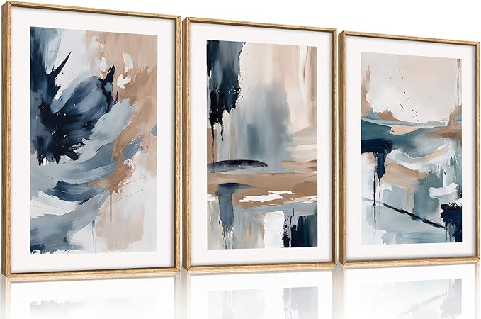Abstract Navy Blue Framed Canvas Wall Art Set,Neutral Brush Stroke Wall Decor,Watercolor Pastel Brown Artwork,Modern Minimalist Color Block Art Print for Living Room,Bedroom,Office-16 x24 x3