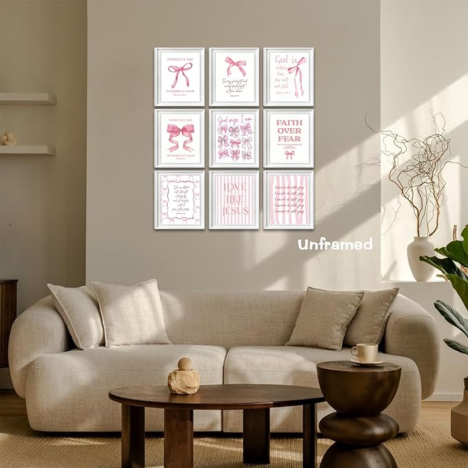 Pink Bow Jesus Bible Canvas Wall Art Set of 9, Coquette Trendy Preppy Aesthetic Girl Posters Prints Wall Decor, Christian scripture Lovers Gifts for Home Decor Living Room Bedroom 8x10In Unframed
