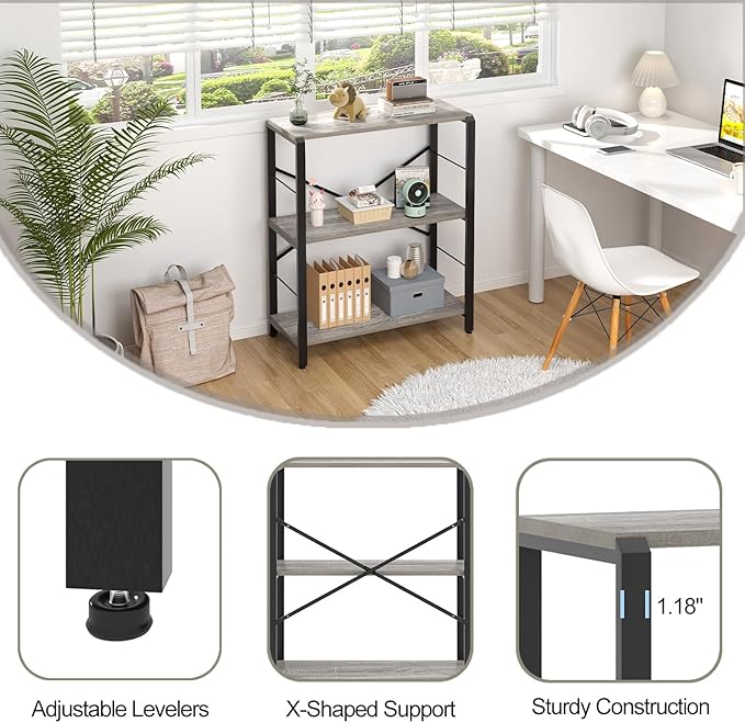 FOLUBAN Small Bookshelf and Bookcase, 3 Tier Low Short Book Shelves, Rustic Wood and Metal Shelving Unit for Small Spaces, Bedroom Living Room, Light Grey