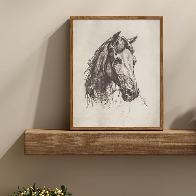uniro Vintage Horse Etching Sketch Equestrian Retro Wall Art Print Farmhouse Animal Farm Drawing Horse Lover Gift Cottagecore Decor Minimalist Mid Century French Country Room Decor (8" x 10"-UNFRAMED)
