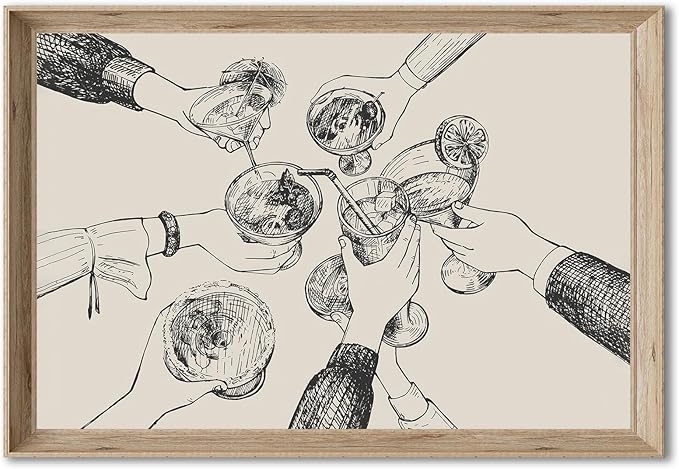 Kitchen Wall Art Vintage Cheers Sign Art Prints Friends Clinking Bar Cart Painting Trendy Cheers Cocktail Poster Abstract Retro Artwork for Home Living Room Kitchen Dining Bar Wall Decor, Unframed