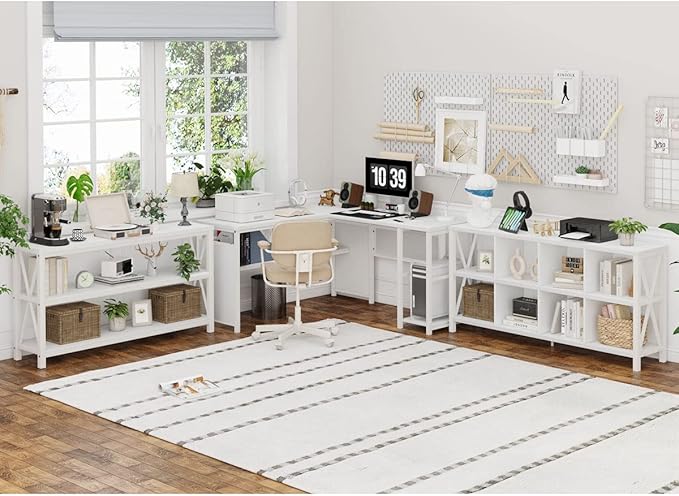 FATORRI 8 Cube Storage Organizer Bookshelf, 62 Inch Modern Wood Horizontal Bookcase, Farmhouse Cube Long Book Shelf, TV Console Stand for Living Room (White Oak)