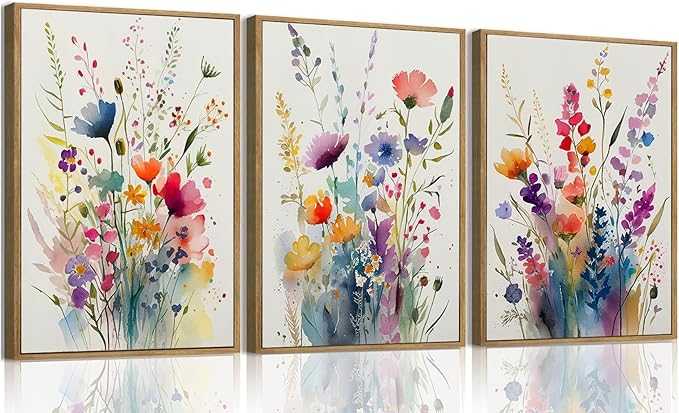 KISSFOX 3 Piece Colorful Wildflower Botanical Framed Wall Art Watercolor Floral Canvas Art Prints Boho Flower Pictures Wall Decor Modern Minimalism Paintings Artwork Girls Bedroom Living Room Bathroom