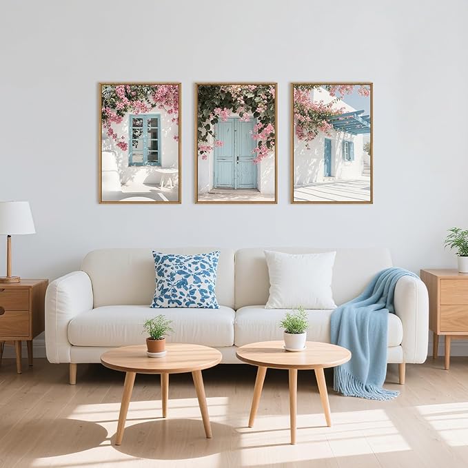 HOURIA Spring Modern Greek Island Cityscape Framed Canvas Wall Art Set,European White House Blue Door Shutter Landscape Wall Decor,Santorini Natural Pink Flower Artwork for Living Room, Bedroom-24"x36"x3