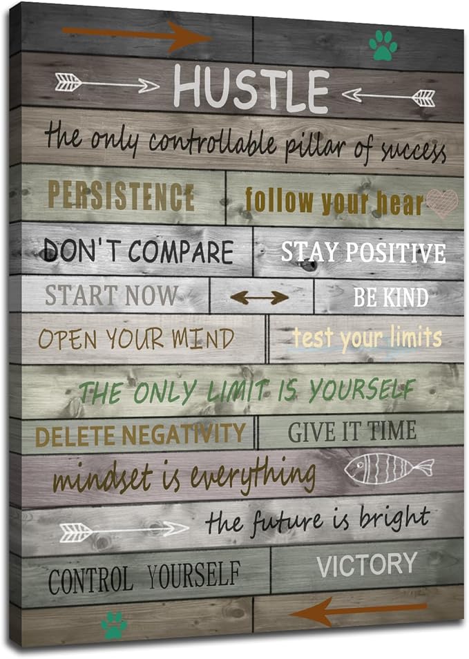 Inspirational Canvas Wall Art Motivational Hustle Sign Painting Retro Picture Poster Positive Motto Office Quotes Print Artwork for Living Room Bedroom Framed Stretched Ready to Hang [18''Wx24''H]