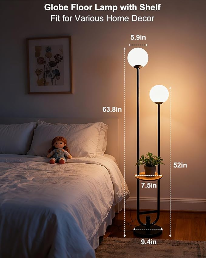 63IN 2-Globe Floor Lamp Dimmable Tall Standing Lamps with Table 3000K Warm White Unique Vintage Modern Mid Century Floor Lamp for Living Room-Black