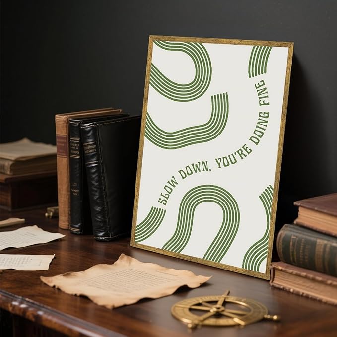 Slow Down You’re Doing Fine Wall Art Retro Minimalist Motivational Quote Music Poster Inspirational Midcentury Song Lyrics Sage Green Canvas Prints for Bedroom Home Decor 12x16inch Golden Framed